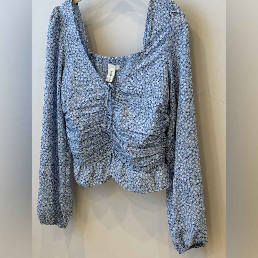 H&M Blue Floral Ruched Peplum Long-Sleeve Top